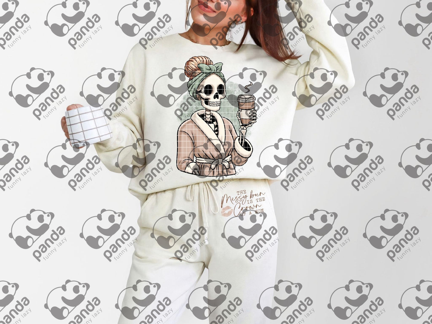 Skellie in robe with coffee
