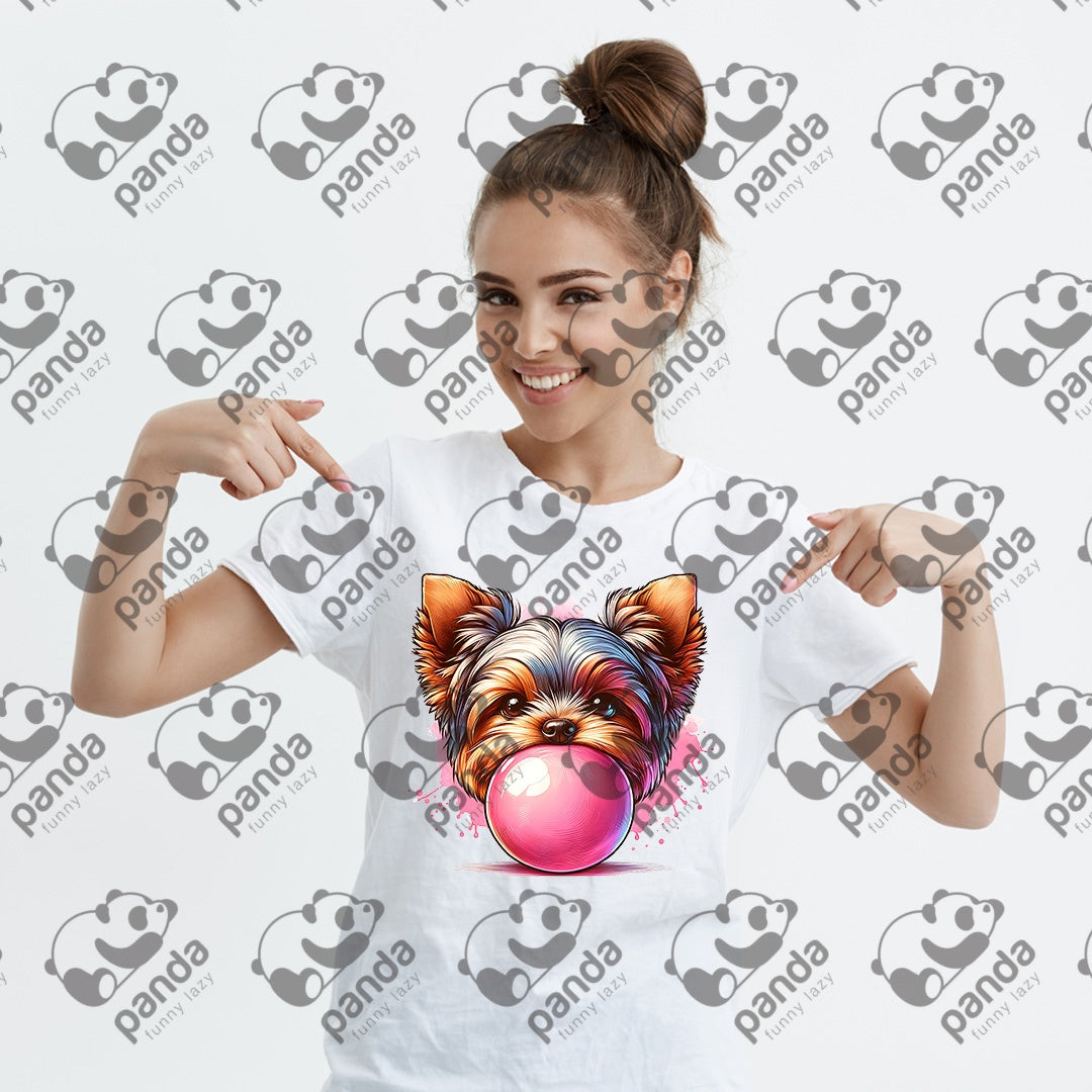 Yorkie blowing bubble